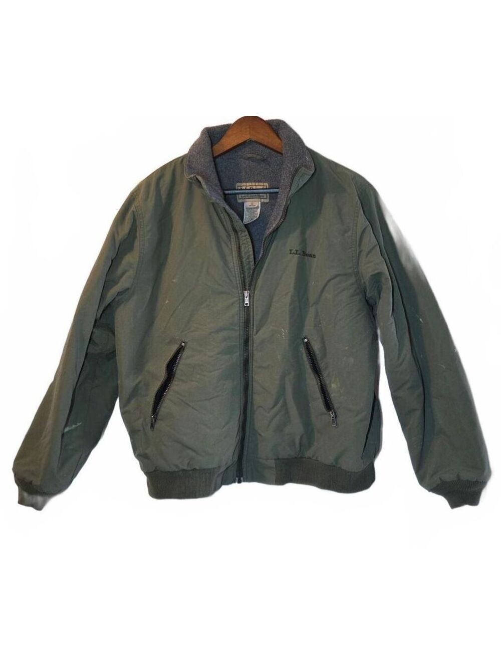 Vintage L.L. Bean Green Canvas Fleece-Lined Bomber Jacket M Distressed